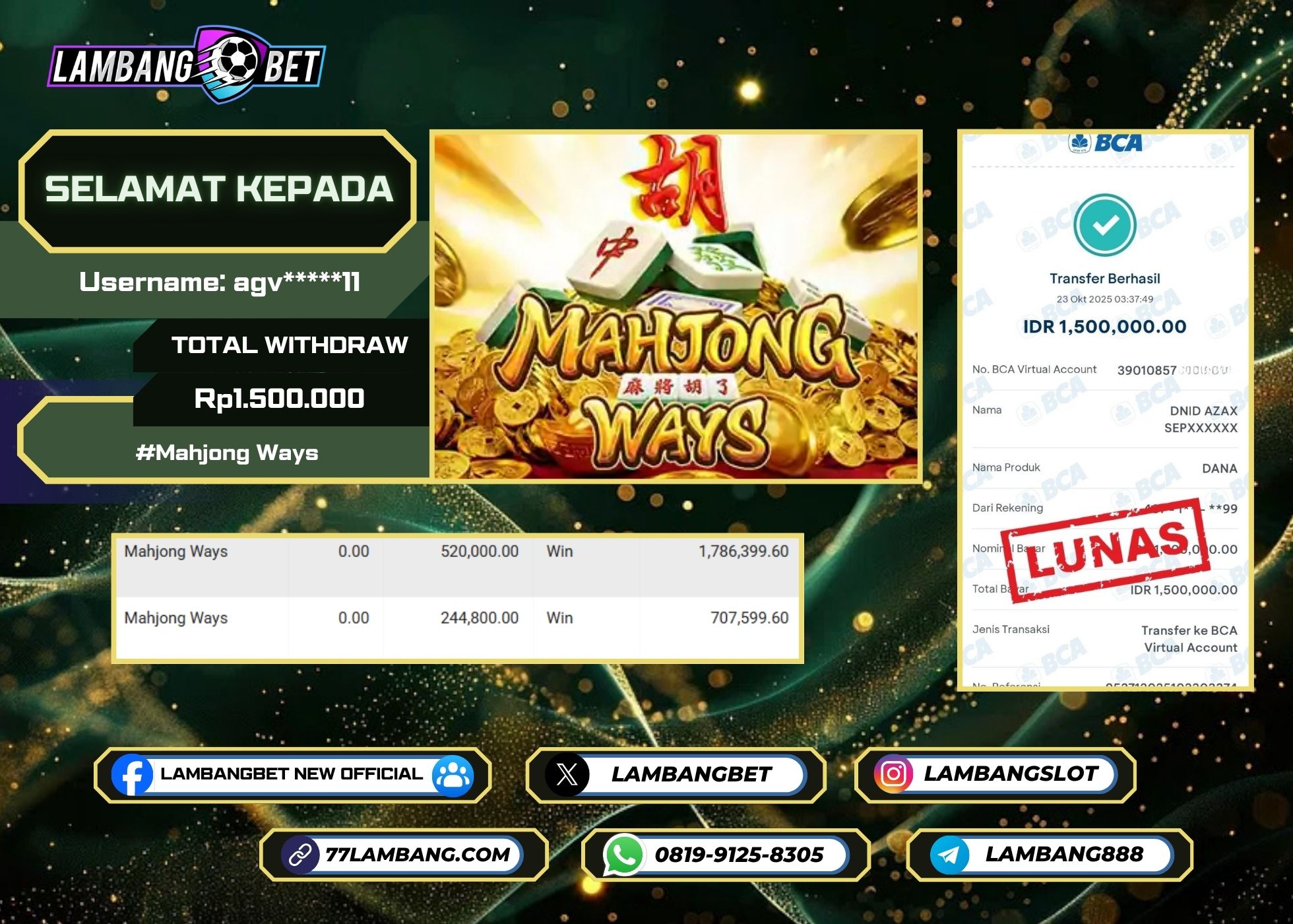 LAMBANGBET [23 OKTOBER 2025] JACKPOT SLOT Mahjong Ways "Rp1.500.000" LUNAS